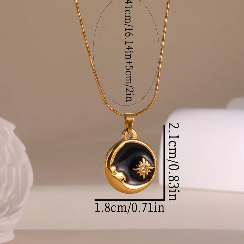 1 18K Real Gold Stainless Steel Black Dripping Star Moon Disc Necklace Chain Clavicle Chain Women's Daily Wear