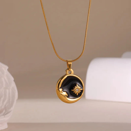 1 18K Real Gold Stainless Steel Black Dripping Star Moon Disc Necklace Chain Clavicle Chain Women's Daily Wear