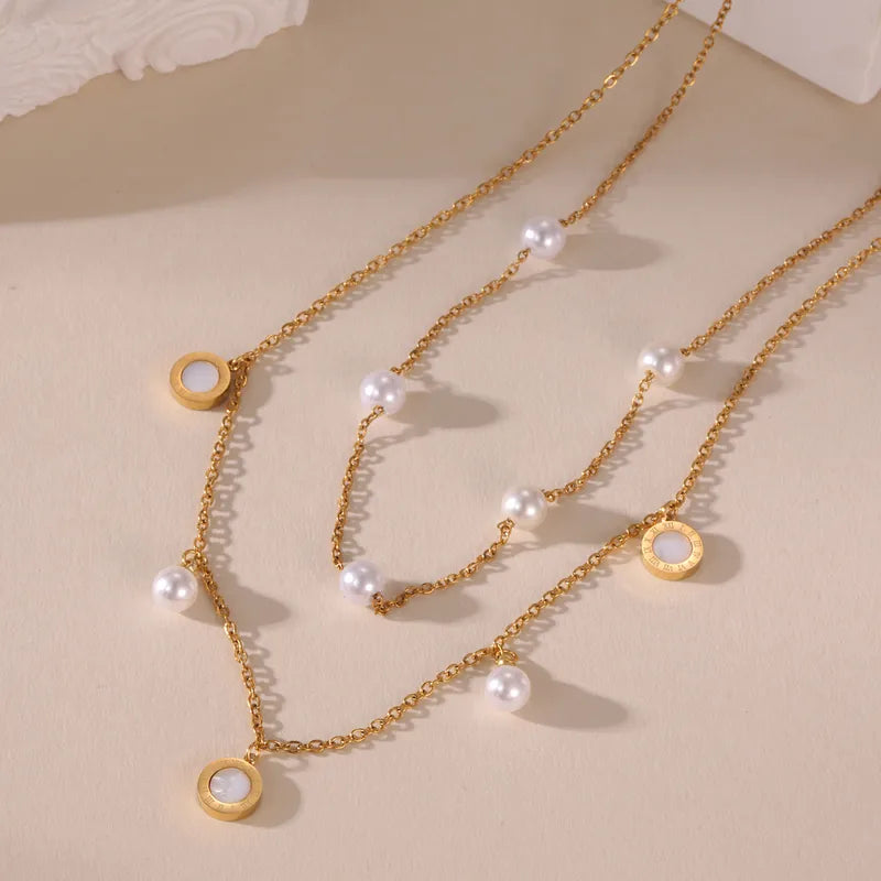 1 Elegant 18K Real Gold Stainless Steel Character Digital Round Brand Imitation Pearl Tassel Multi-Layer Necklace Women's Sweater Chain