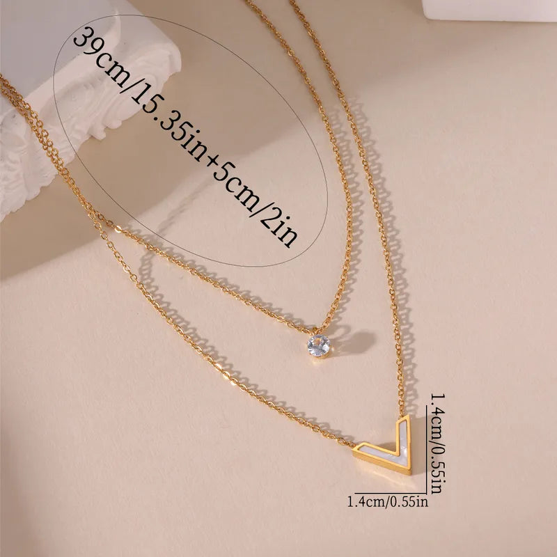 1 Elegant 18K Real Gold Stainless Steel Multi-Layer Zircon V-Shaped Shell Pendant Necklace For Women Daily Necklace