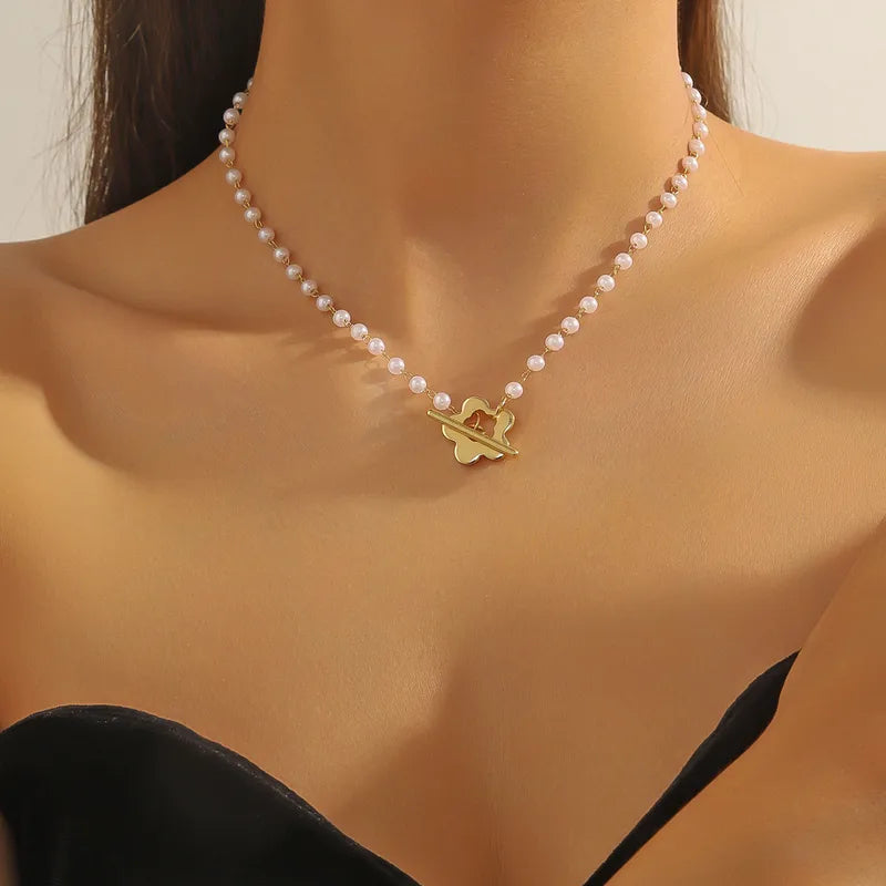 1 Fashion Stainless Steel Imitation Pearl Plumeria Rubra Necklace Suitable For Women's Daily Wear