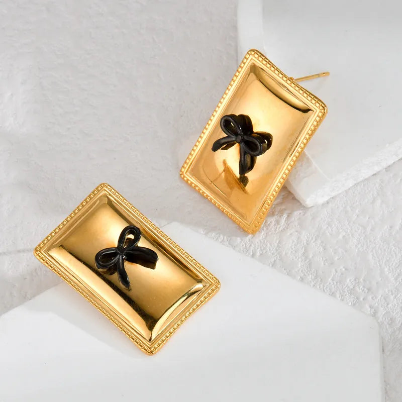 1 Pair Artistic Geometric Bow Knot Rectangle Inlay 304 Stainless Steel Pearl 18K Gold Plated Ear Studs