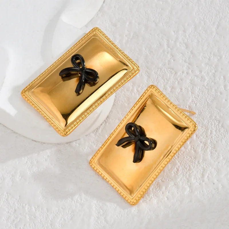 1 Pair Artistic Geometric Bow Knot Rectangle Inlay 304 Stainless Steel Pearl 18K Gold Plated Ear Studs