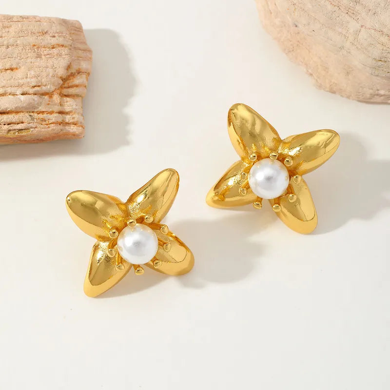 1 Pair Basic French Style Sweet Flower Enamel Inlay 304 Stainless Steel Imitation Pearl 18K Gold Plated Ear Studs