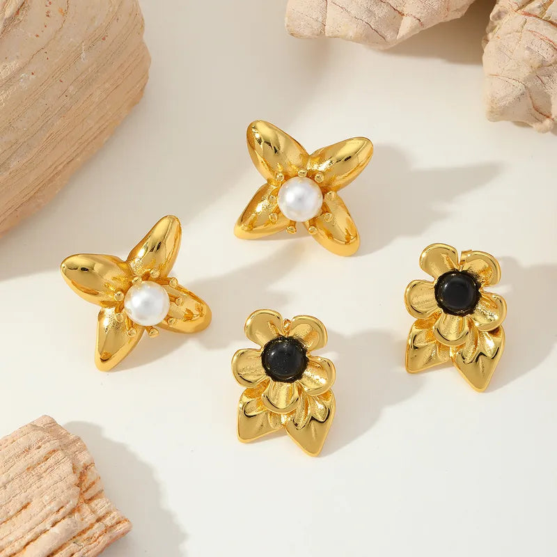 1 Pair Basic French Style Sweet Flower Enamel Inlay 304 Stainless Steel Imitation Pearl 18K Gold Plated Ear Studs