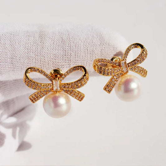 1 Pair Basic Modern Style Classic Style Geometric Bow Knot Plating Inlay Brass Artificial Pearls Zircon Drop Earrings