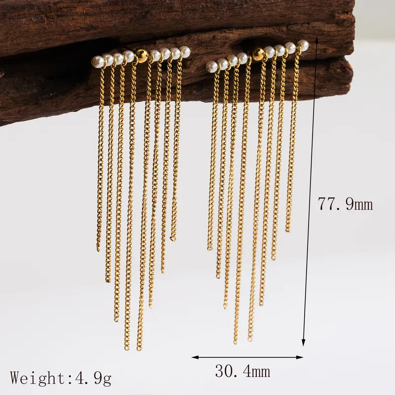 1 Pair Basic Modern Style Classic Style Tassel Chain Plating Inlay 304 Stainless Steel Artificial Pearls 18K Gold Plated Drop Earrings