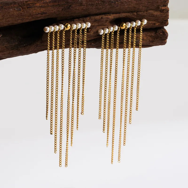 1 Pair Basic Modern Style Classic Style Tassel Chain Plating Inlay 304 Stainless Steel Artificial Pearls 18K Gold Plated Drop Earrings