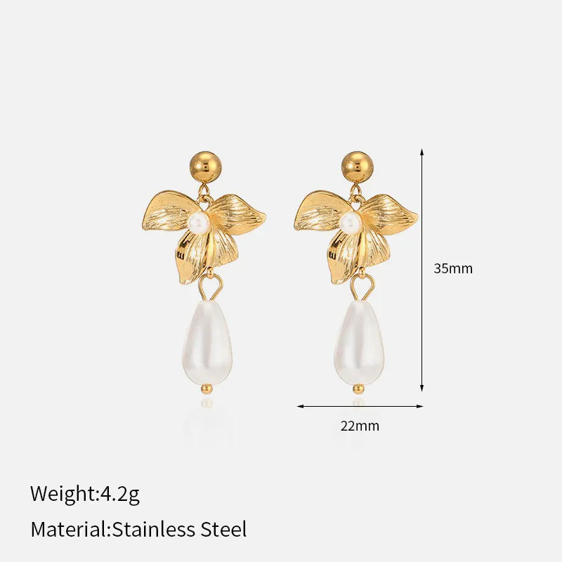 1 Pair Basic Simple Style Classic Style Flower Plating 304 Stainless Steel Artificial Pearls 18K Gold Plated Drop Earrings