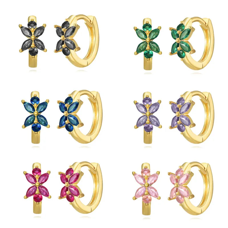 1 Pair Basic Simple Style Classic Style Geometric Flower Inlay Copper Zircon Hoop Earrings