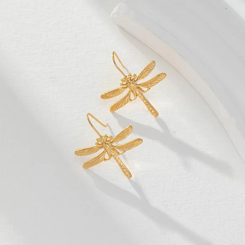 1 Pair Basic Simple Style Classic Style Leaf Dragonfly Plating 316 Stainless Steel 18K Gold Plated Hoop Earrings