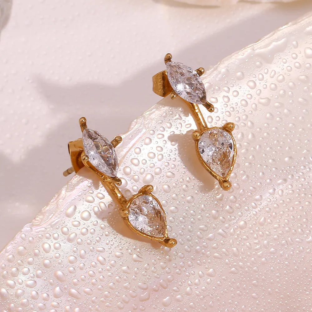 1 Pair Basic Simple Style Classic Style Water Droplets Plating Inlay 304 Stainless Steel Zircon 18K Gold Plated Ear Studs