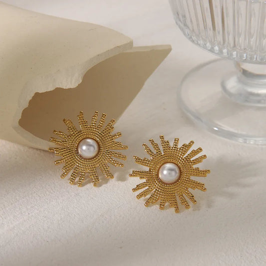 1 Pair Basic Sun Inlay 304 Stainless Steel Artificial Pearls 18K Gold Plated Ear Studs