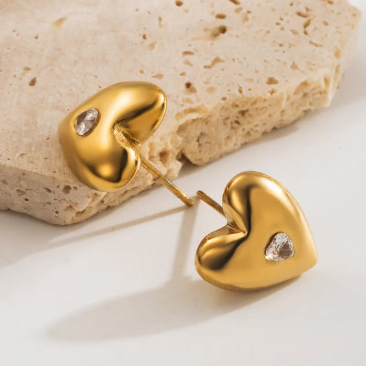 1 Pair Basic Sweet Heart Shape 304 Stainless Steel Zircon 18K Gold Plated Ear Studs