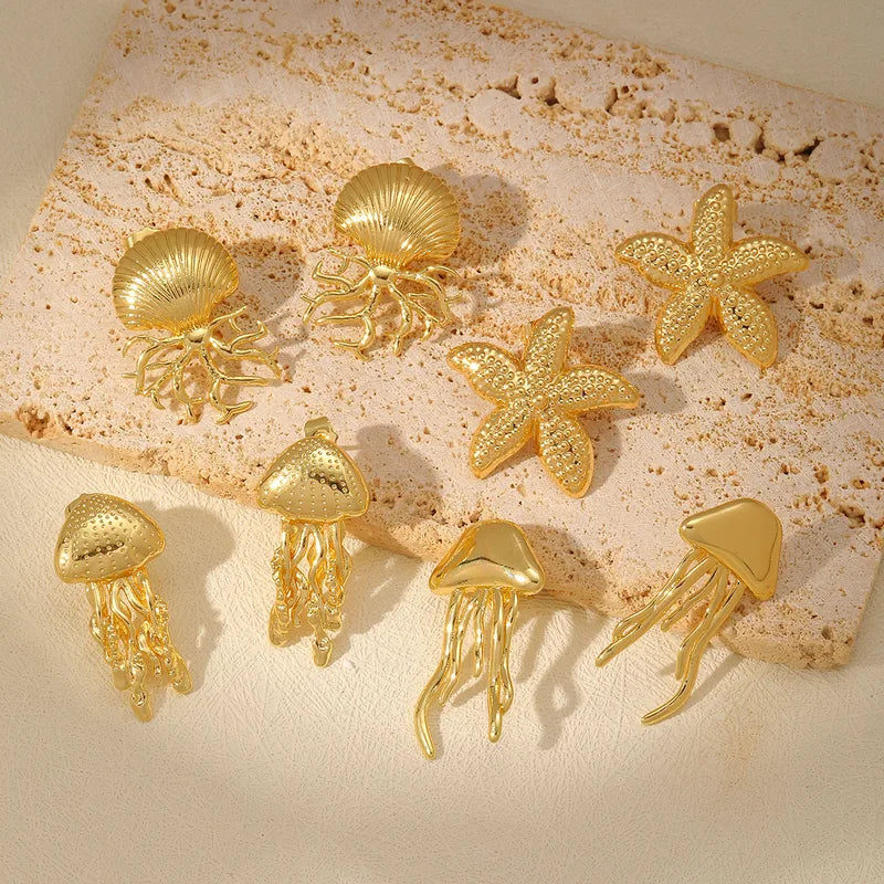 1 Pair Beach Jellyfish Starfish Plating Copper 18K Gold Plated Ear Studs