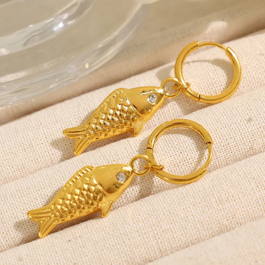 1 Pair Casual Beach IG Style Fish Polishing 304 Stainless Steel Artificial Gemstones 18K Gold Plated Drop Earrings