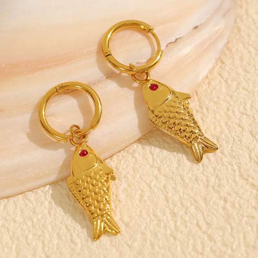 1 Pair Casual Beach IG Style Fish Polishing 304 Stainless Steel Artificial Gemstones 18K Gold Plated Drop Earrings