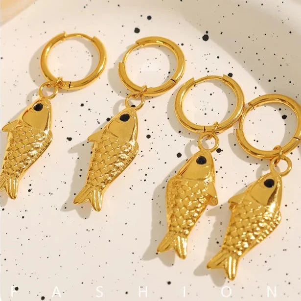 1 Pair Casual Beach IG Style Fish Polishing 304 Stainless Steel Artificial Gemstones 18K Gold Plated Drop Earrings