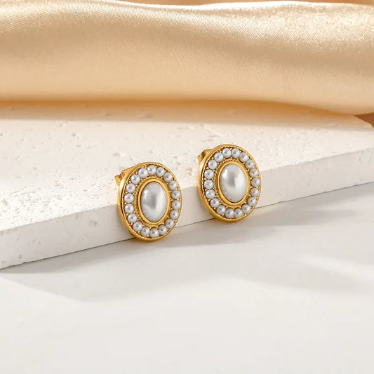 1 Pair Casual Elegant Commute Oval Inlay 304 Stainless Steel Pearl 18K Gold Plated Ear Studs