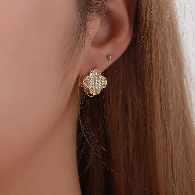 1 Pair Casual Elegant Cute Four Leaf Clover Inlay Copper Zircon Ear Studs