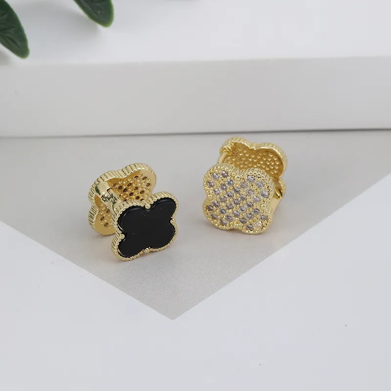 1 Pair Casual Elegant Cute Four Leaf Clover Inlay Copper Zircon Ear Studs