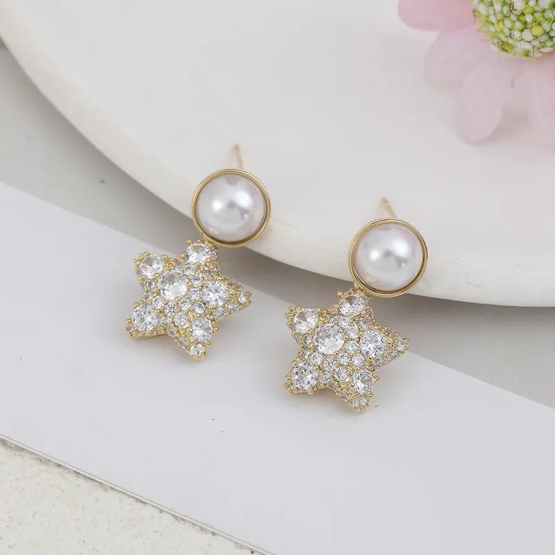 1 Pair Casual Elegant Cute Star Inlay Copper Artificial Pearls Zircon Drop Earrings