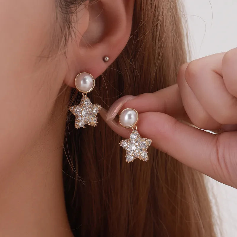 1 Pair Casual Elegant Cute Star Inlay Copper Artificial Pearls Zircon Drop Earrings