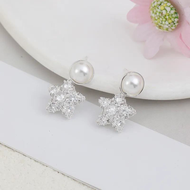 1 Pair Casual Elegant Cute Star Inlay Copper Artificial Pearls Zircon Drop Earrings