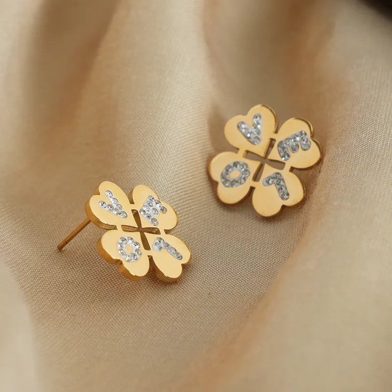 1 Pair Casual Elegant Four Leaf Clover Letter Plating Inlay Titanium Steel Artificial Diamond Ear Studs