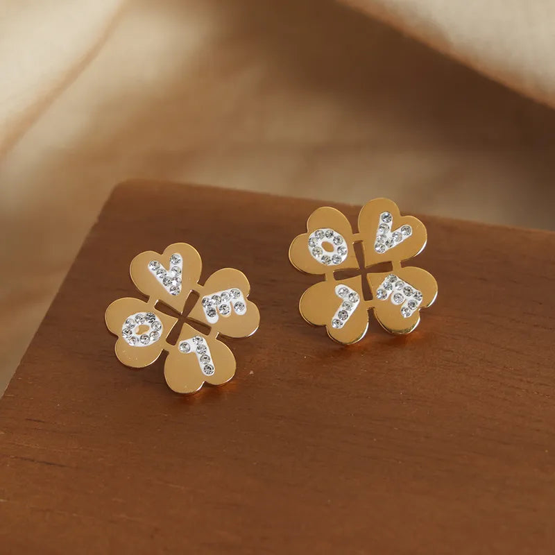 1 Pair Casual Elegant Four Leaf Clover Letter Plating Inlay Titanium Steel Artificial Diamond Ear Studs