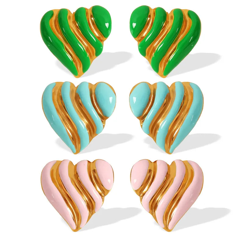 1 Pair Casual Elegant IG Style Heart Shape Polishing Enamel Epoxy 304 Stainless Steel 18K Gold Plated Ear Studs