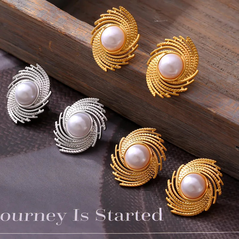 1 Pair Casual Elegant Modern Style Spiral Stripe Plating Inlay Titanium Steel Imitation Pearl Ear Studs