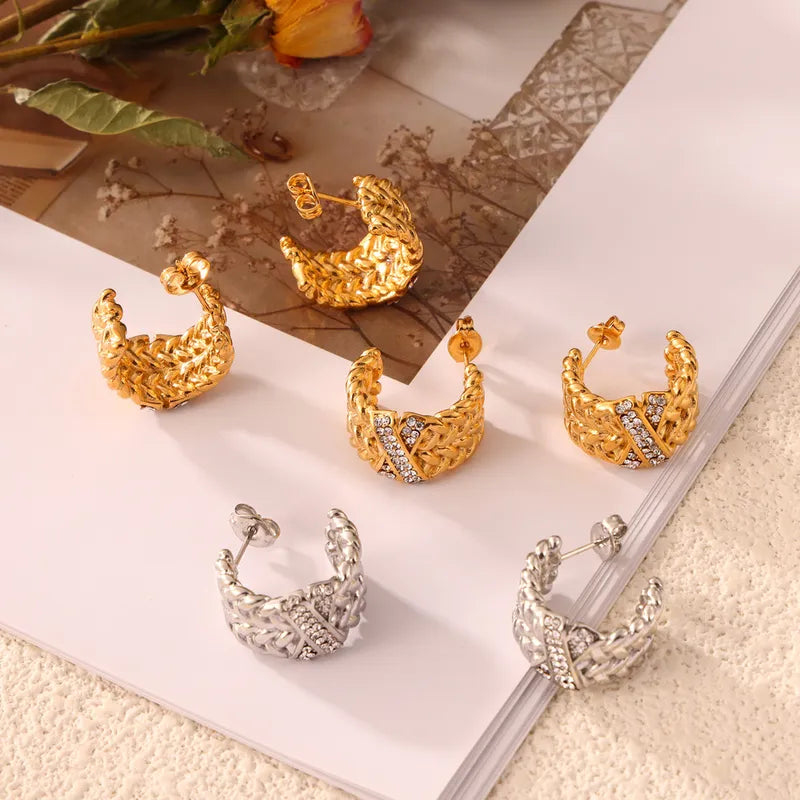 1 Pair Casual Elegant Simple Style C Shape Chain Inlay Titanium Steel Rhinestones 18K Gold Plated Ear Studs