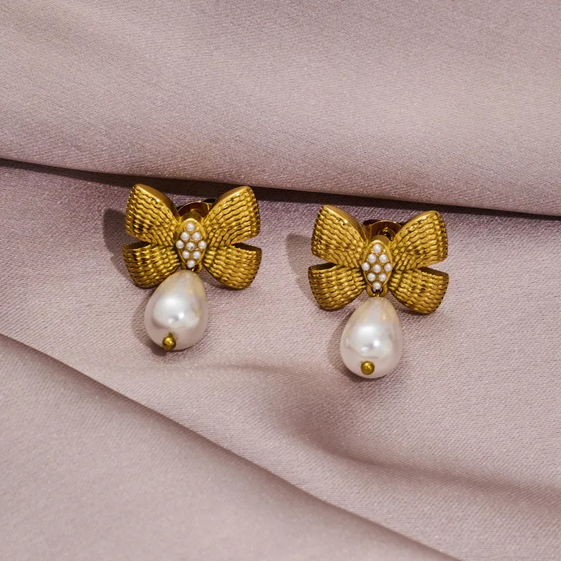 1 Pair Casual Elegant Water Droplets Bow Knot 316 Stainless Steel 18K Gold Plated Drop Earrings