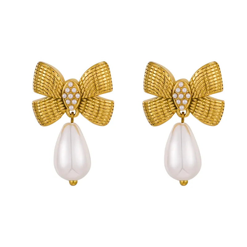 1 Pair Casual Elegant Water Droplets Bow Knot 316 Stainless Steel 18K Gold Plated Drop Earrings