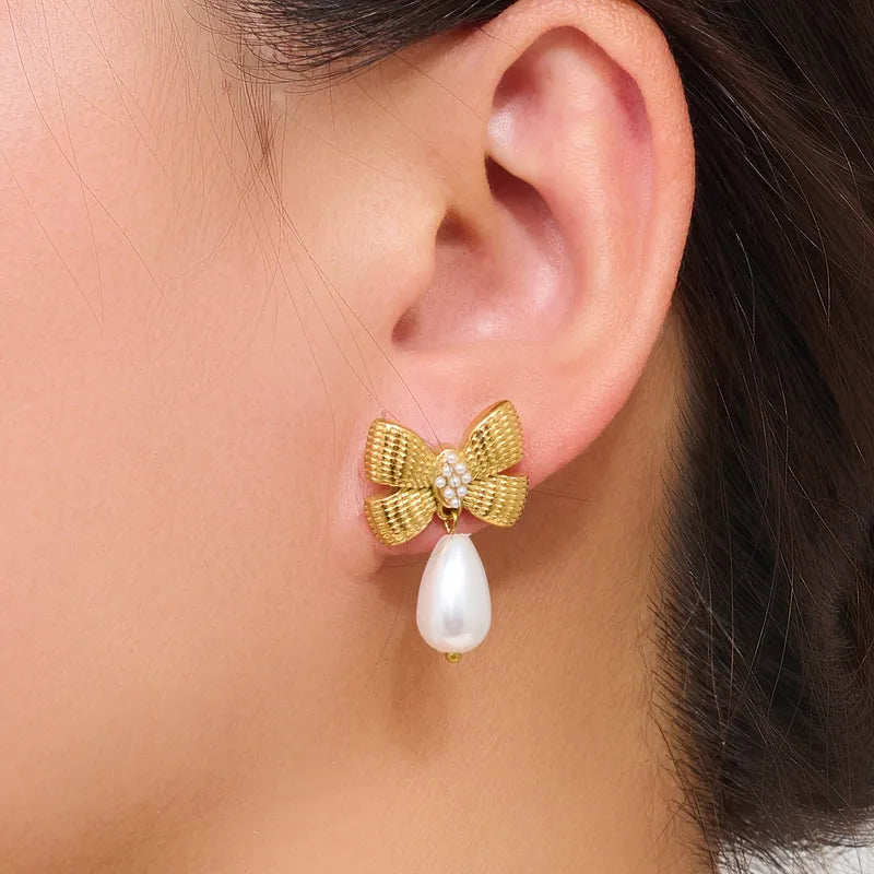 1 Pair Casual Elegant Water Droplets Bow Knot 316 Stainless Steel 18K Gold Plated Drop Earrings