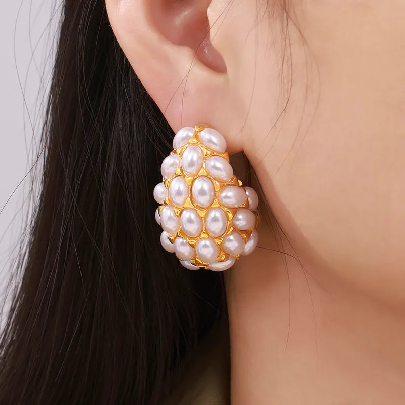 1 Pair Casual Luxurious Modern Style Water Droplets Inlay Titanium Steel Artificial Pearls 18K Gold Plated Ear Studs