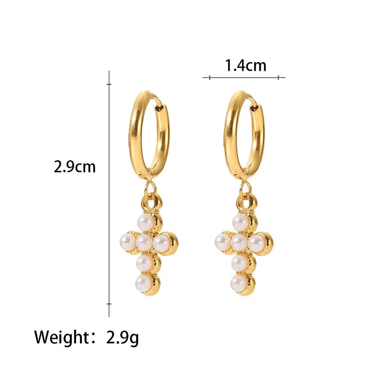 1 Pair Casual Modern Style Simple Style Cross Plating 304 Stainless Steel Imitation Pearl Rhinestones 18K Gold Plated Earrings