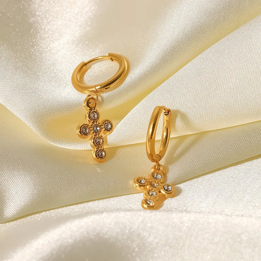 1 Pair Casual Modern Style Simple Style Cross Plating 304 Stainless Steel Imitation Pearl Rhinestones 18K Gold Plated Earrings