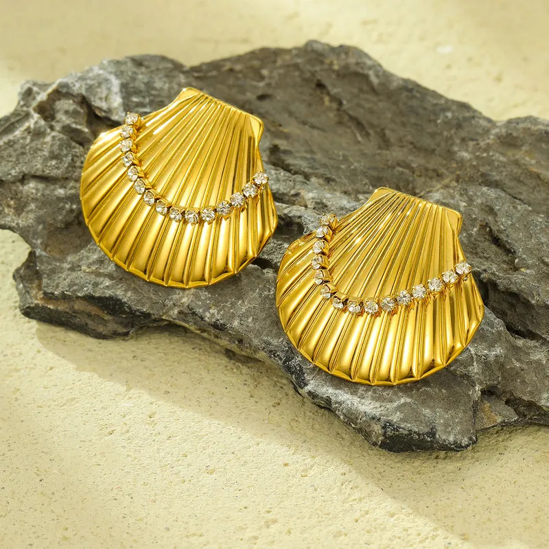 1 Pair Casual Retro Shell Inlay 304 Stainless Steel Zircon 18K Gold Plated Ear Studs