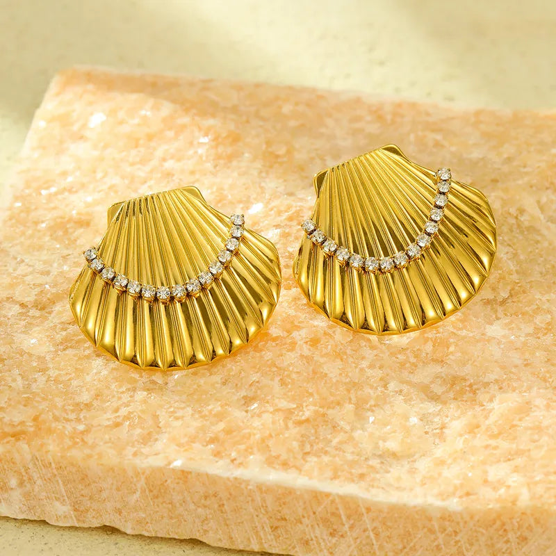 1 Pair Casual Retro Shell Inlay 304 Stainless Steel Zircon 18K Gold Plated Ear Studs