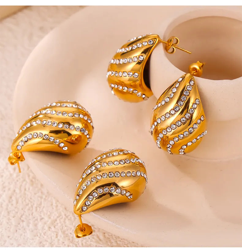 1 Pair Casual Retro Simple Style Water Droplets Plating Inlay 304 Stainless Steel Rhinestone Rhinestones 18K Gold Plated Ear Studs