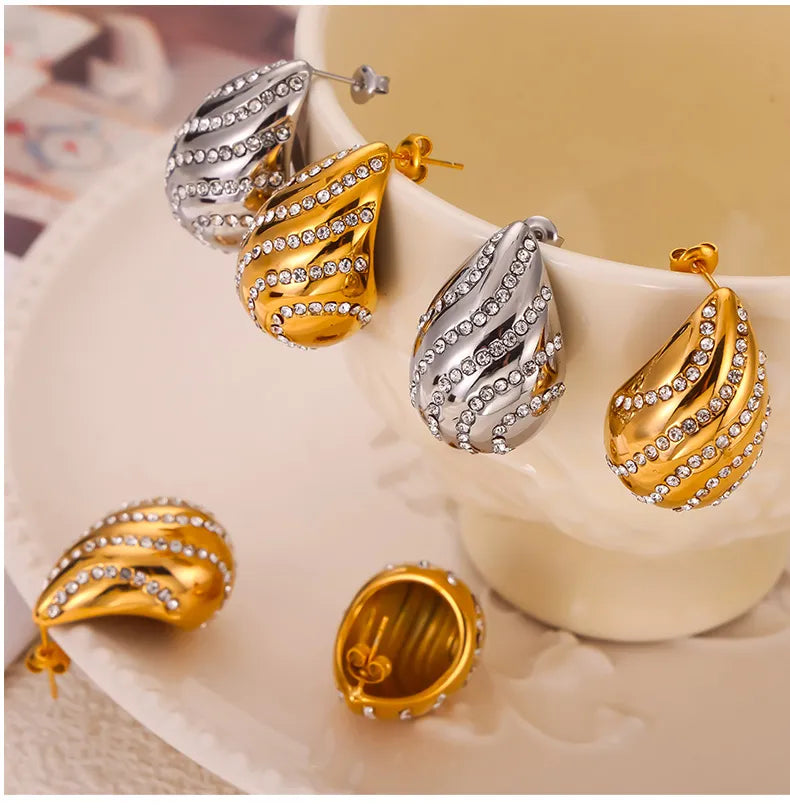 1 Pair Casual Retro Simple Style Water Droplets Plating Inlay 304 Stainless Steel Rhinestone Rhinestones 18K Gold Plated Ear Studs