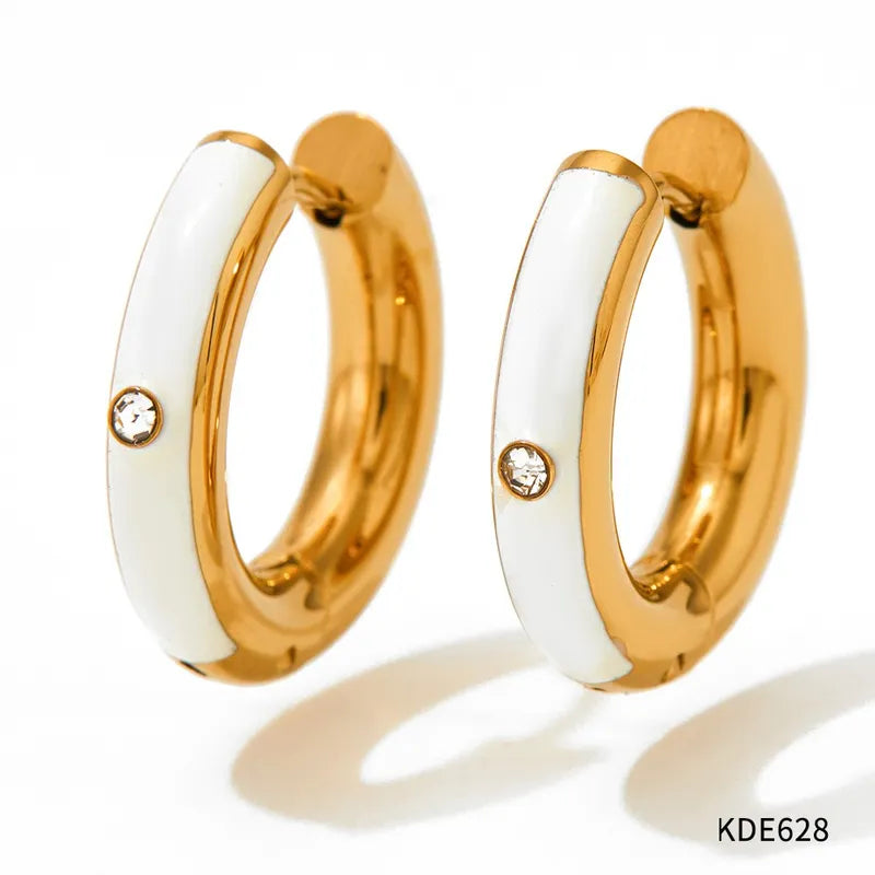 1 Pair Casual Round Enamel Inlay 304 Stainless Steel Zircon 16K Gold Plated White Gold Plated Gold Plated Earrings