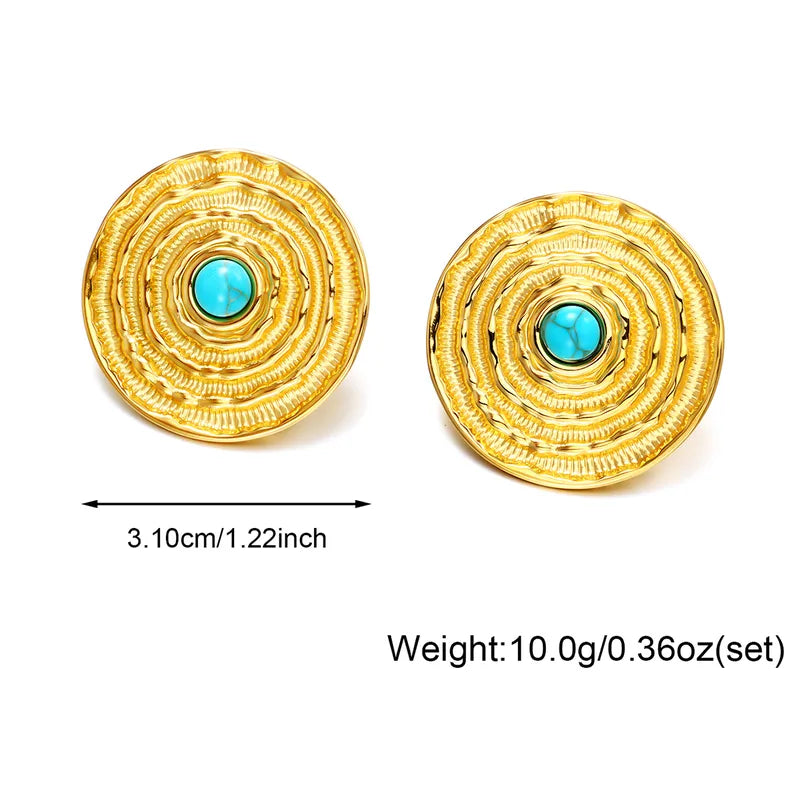 1 Pair Casual Round Inlay 304 Stainless Steel Turquoise 18K Gold Plated Ear Studs