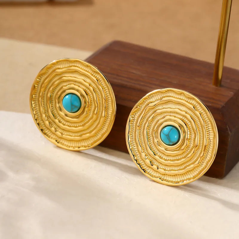 1 Pair Casual Round Inlay 304 Stainless Steel Turquoise 18K Gold Plated Ear Studs