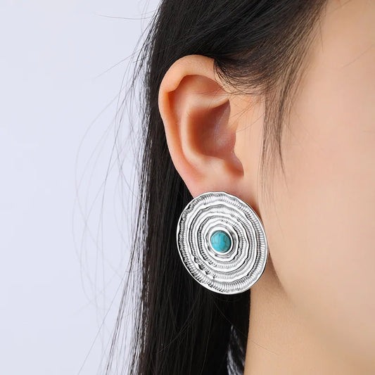 1 Pair Casual Round Inlay 304 Stainless Steel Turquoise 18K Gold Plated Ear Studs