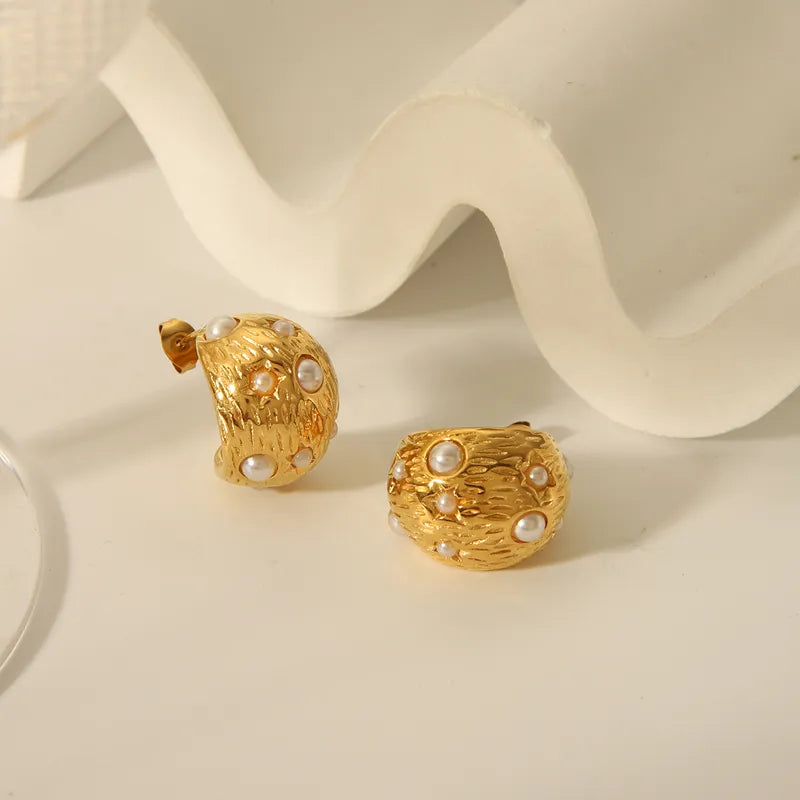 1 Pair Casual Simple Style C Shape Inlay 304 Stainless Steel Artificial Pearls 18K Gold Plated Ear Studs