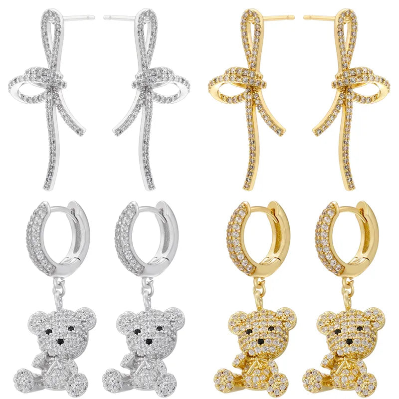 1 Pair Casual Simple Style Classic Style Bear Bow Knot Inlay Copper Zircon 18K Gold Plated Drop Earrings Ear Studs