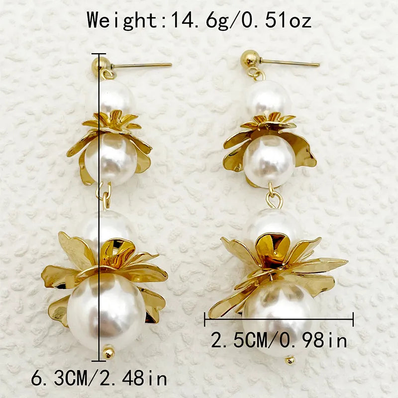 1 Pair Casual Simple Style Classic Style Flower Inlay 304 Stainless Steel Pearl 14K Gold Plated Drop Earrings Ear Studs